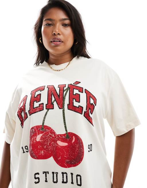  Renee Studio Plus x Holly Wynne - Exclusivité - T-shirt à imprimé logo et cerises - Blanc cassé  , 5 de 5