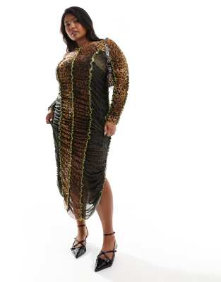 Renee Studio Plus x Holly Wynne - Exklusives, hochgeschlossenes Midikleid aus Netzstoff mit Leopardenmuster-Bunt