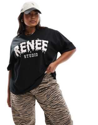 Renee Studio Plus x Holly Wynne - Exklusives Oversize-T-Shirt in Schwarz mit aufgesticktem Bubble-Logo