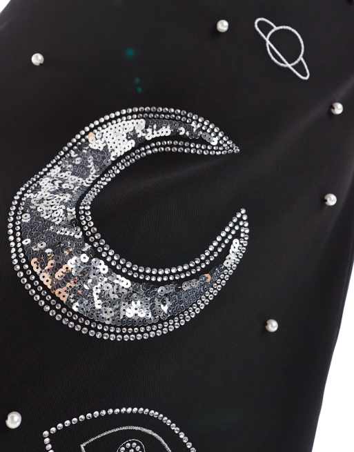  Renee Studio Plus x Michelle Nayla exclusive celestial sequin and pearl embellished side slit mini dress in black  , 2 of 4