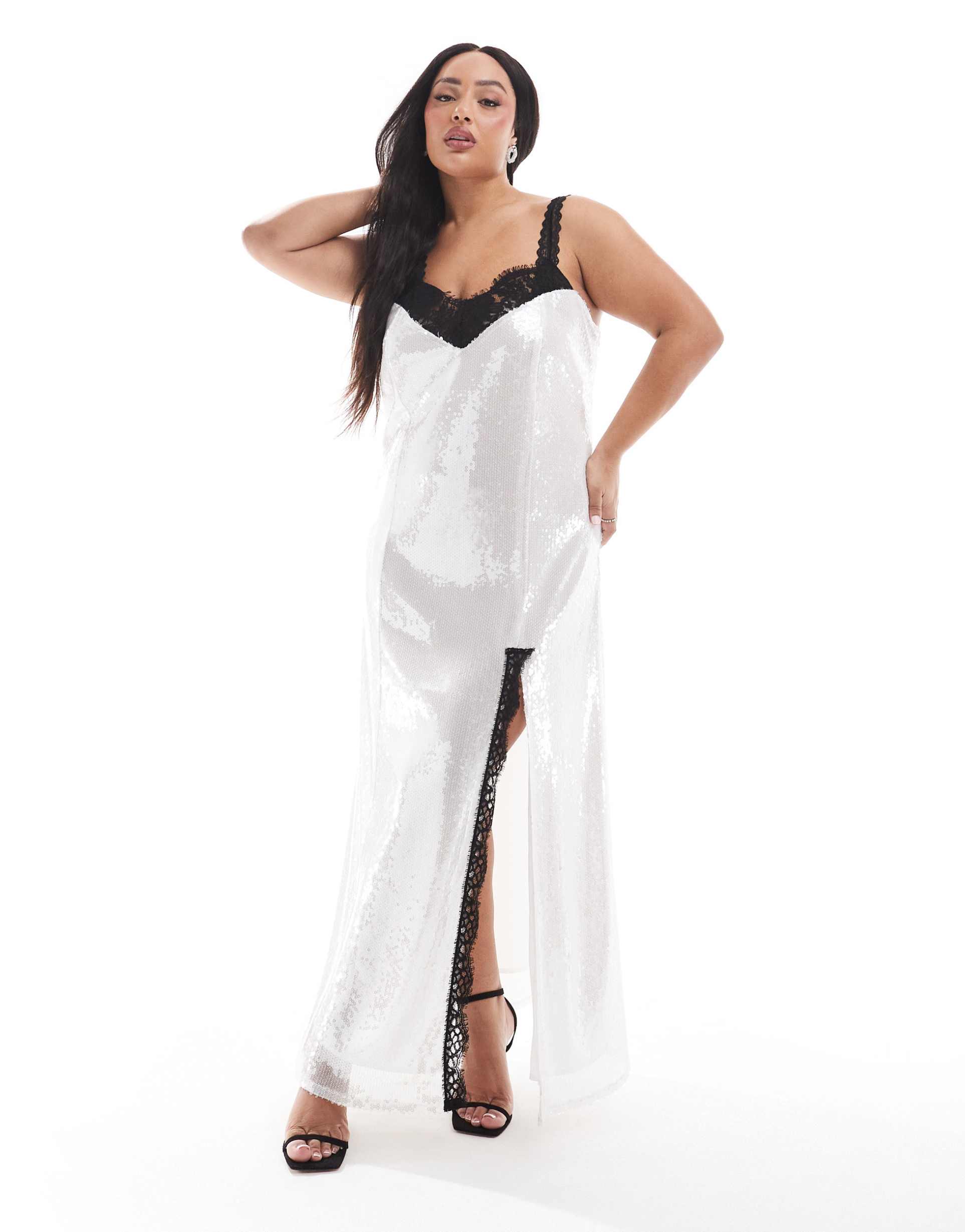 renee studio plus x michelle nayla exclusive contrast lace insert thigh slit sequin maxi dress in white