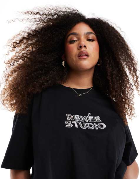 Renee Studio Plus x Michelle Nayla Exclusive – Czarny T-shirt oversize z cekinowym logo - view 1