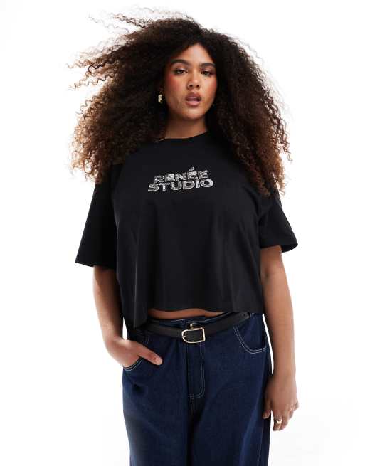 Renee Studio Plus x Michelle Nayla Exclusive – Czarny T-shirt oversize z cekinowym logo  , 2 z 4