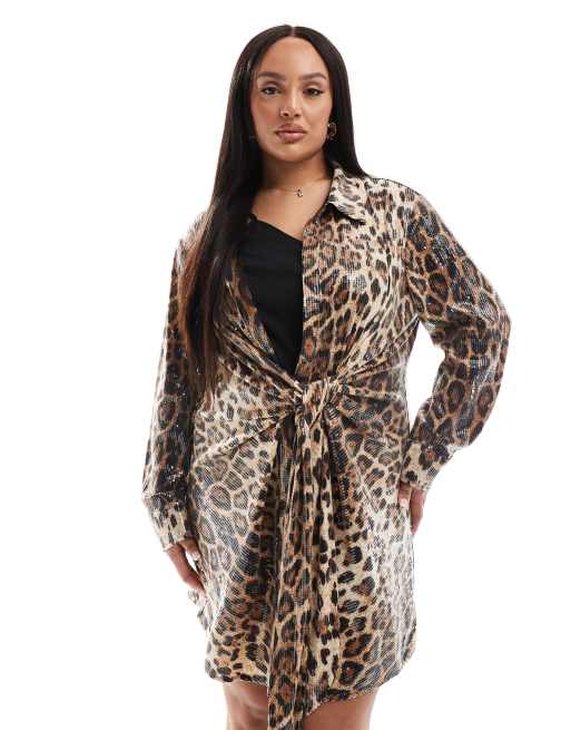  Renee Studio Plus x Michelle Nayla exclusive drape knot detail mini dress in leopard print sequin  , 3 of 4