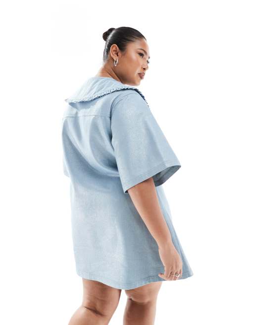  Renee Studio Plus x Michelle Nayla exclusive oversized ruffle collar detail metallic mini denim dress in light blue  , 4 of 4
