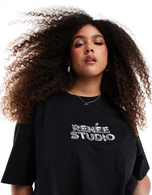  Renee Studio Plus x Michelle Nayla exclusive sequin logo oversized t-shirt in black  