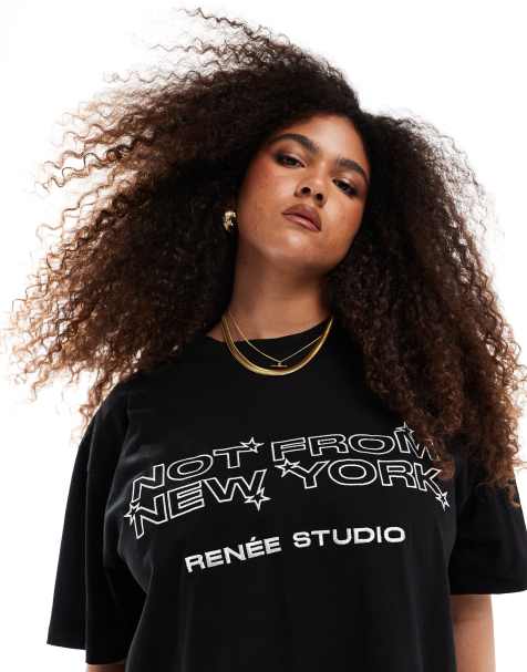 Renee Studio – Plusstorlek – Exklusivt – Svart t-shirt med Not From NY-tryck - view 1