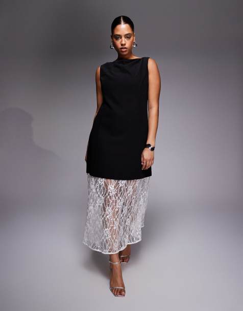 Renee Studio - Robe longue structurée avec ourlet contrastant transparent en dentelle - Noir et blanc - view 1