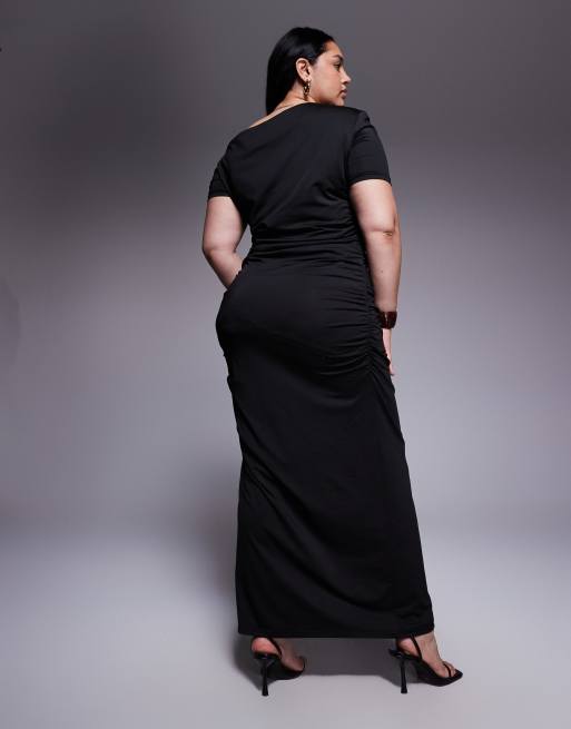 Renée Studio - Sort stram maxikjole med asymmetrisk skulderdesign og rynket draperingsdetalje samt dobbelt skulpturel effekt, 3 af 4