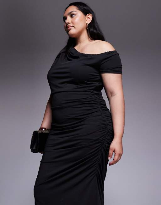 Renée Studio - Sort stram maxikjole med asymmetrisk skulderdesign og rynket draperingsdetalje samt dobbelt skulpturel effekt, 4 af 4