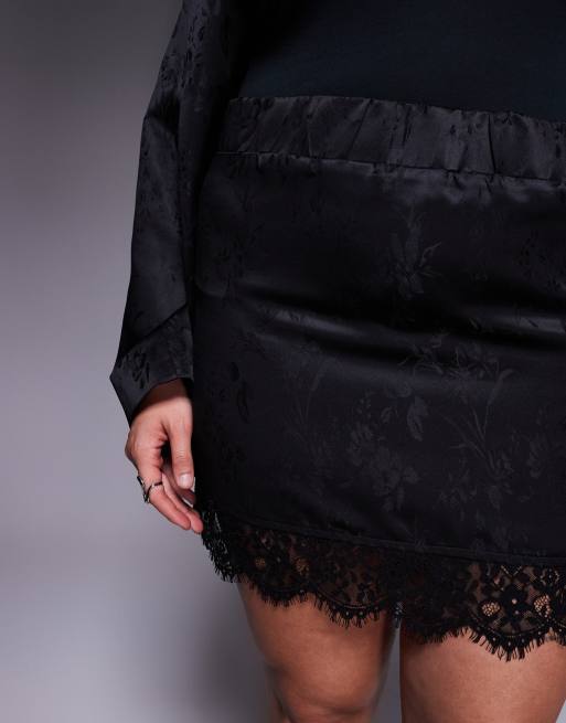 Renee Studio – Svart, blommigt jacquardvävd minikjol med spetskant i satin, del av set, 3 av 5