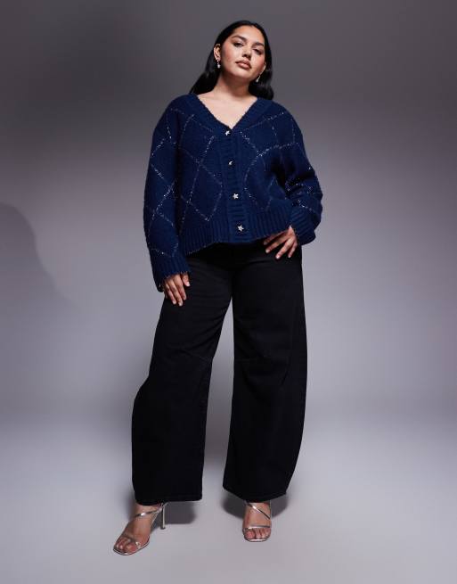 Renee Studio tinsel knit argyle cardigan in blue