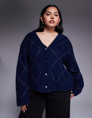 Renee Studio Tinsel Knit Argyle Cardigan In Gray