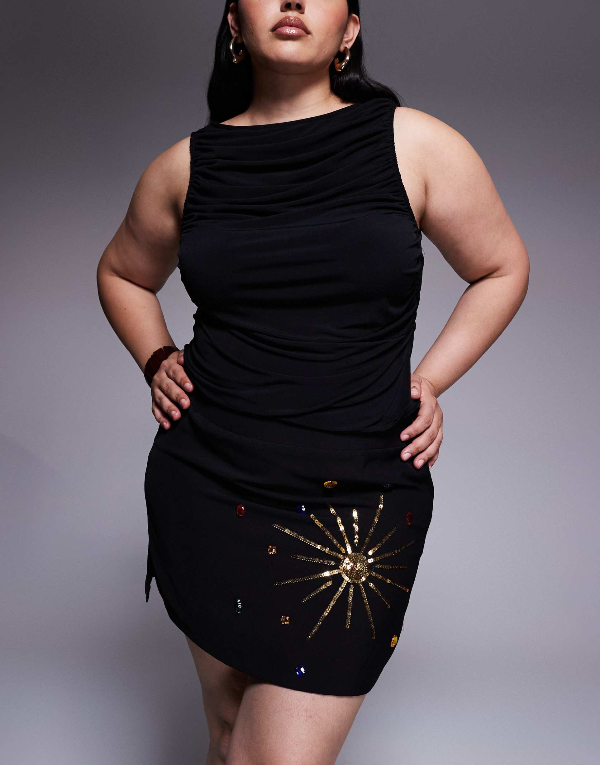 renee studio velvet side split celestial sequin & gem mini skirt in black