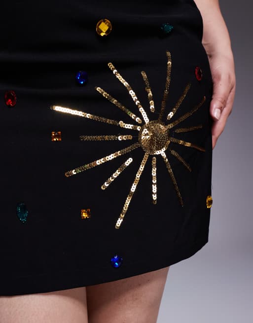 Renee Studio velvet side split celestial sequin & gem mini skirt in black, 5 of 5