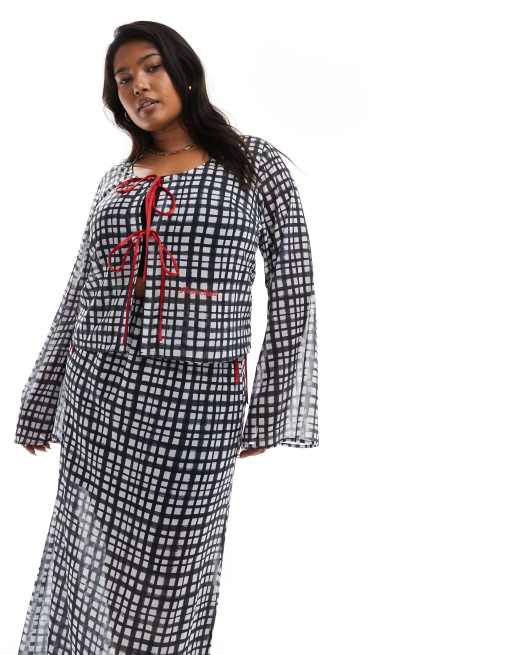 Renee Studio x Holly Wynne exclusive flared sleeve tie front blouse and maxi skirt set in gray check