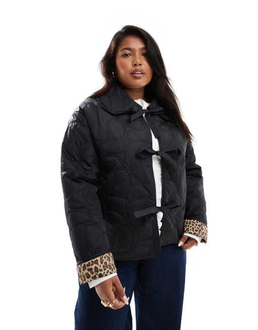 Renee Studio x Holly Wynne exclusive quilted frill collar tie front padded  jacket in black with leopard print lining