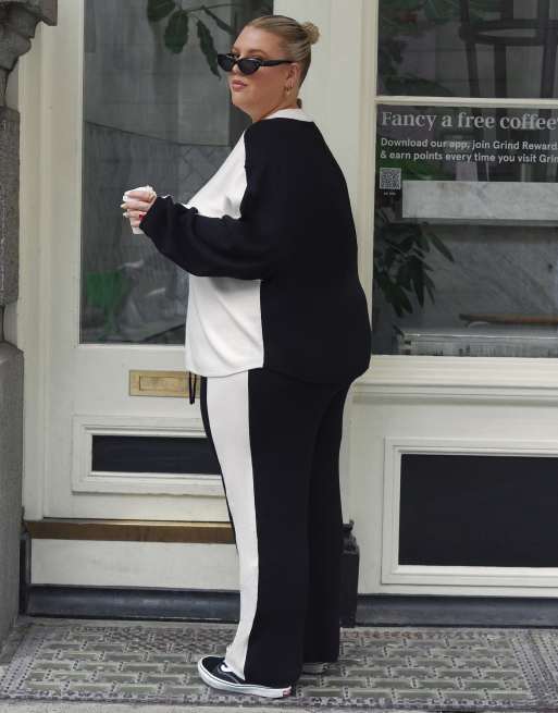 Renee Studio x Holly Wynne exclusive ribbed roll neck contrast stripe sweater and wide leg pants set in cream and b