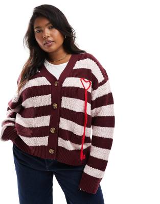 x Holly Wynne exclusive textured longline applique heart cardigan in burgundy stripe