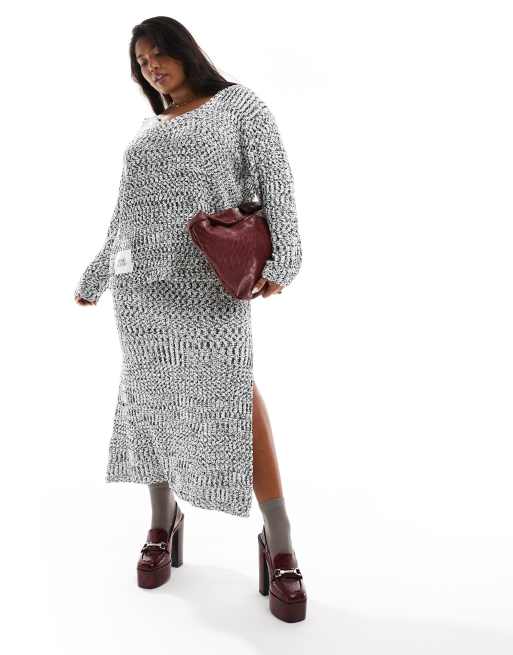  Renee Studio x Holly Wynne - Plus - Exclusives - Gebreide maxi rok met zijsplit in gemêleerd grijs, deel van co-ord set  