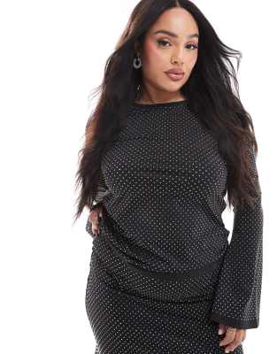 x Michelle Nayla exclusive all over hotfix flared sleeve top in black - part of a set