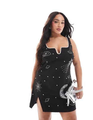 x Michelle Nayla exclusive celestial sequin and pearl embellished side slit mini dress in black