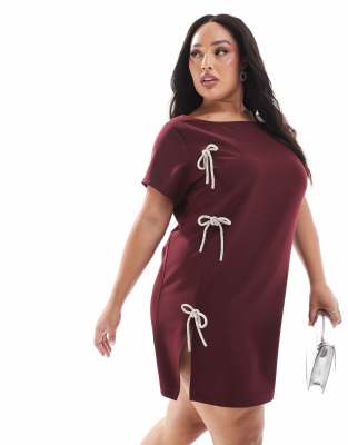 x Michelle Nayla exclusive embellished bow detail side split mini dress in burgundy-Red