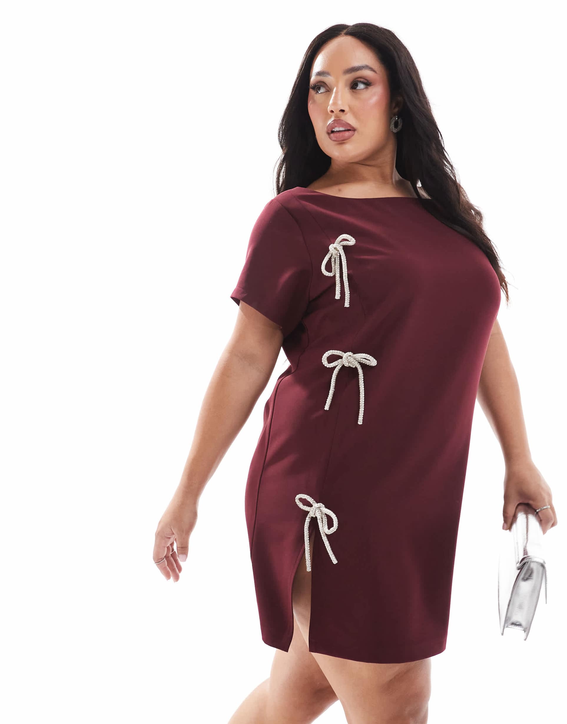 renee studio x michelle nayla exclusive embellished bow detail side split mini dress in burgundy