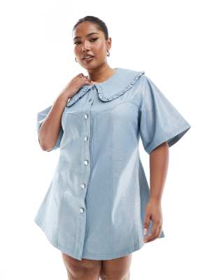 x Michelle Nayla exclusive oversized ruffle collar detail metallic mini denim dress in light blue