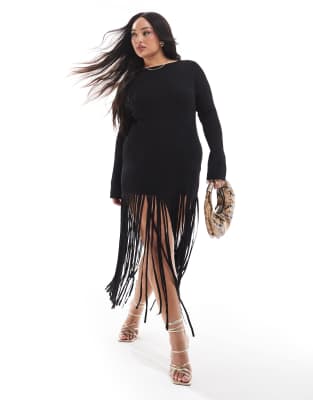 x Michelle Nayla exclusive ribbed fringe tassel hem knitted mini dress in black