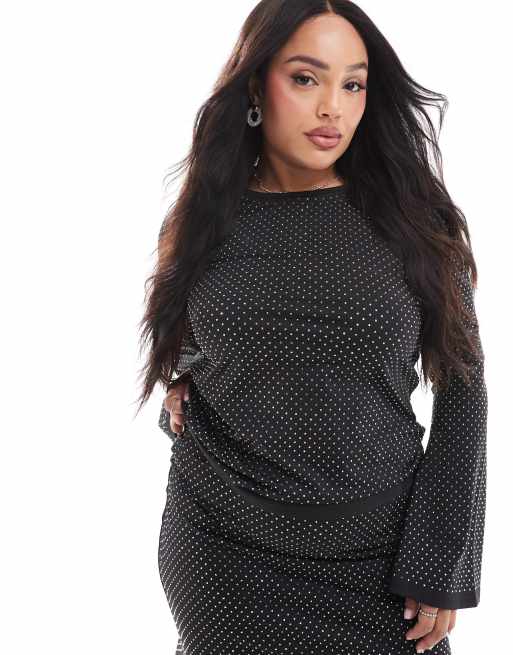  Renee Studio x Michelle Nayla - Plus - Exclusives - Top met uitlopende mouwen en siersteentjes in zwart, deel van co-ord set  