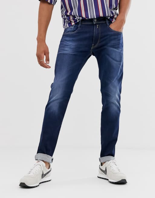 schieten Grondig Enten Replay Anbass Hyperflex stretch slim fit laser blast jeans in mid wash |  ASOS