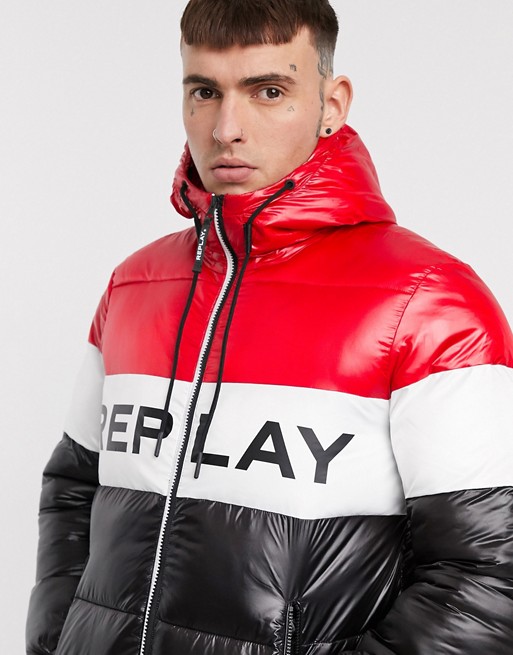 Replay big logo puffer jacket in black and red