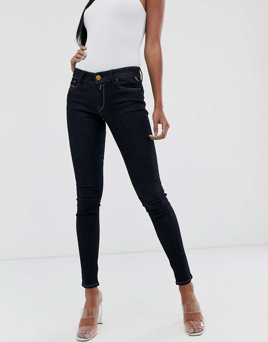 Replay – Blåsvarta skinny jeans med medelhög midja-Ingen färg