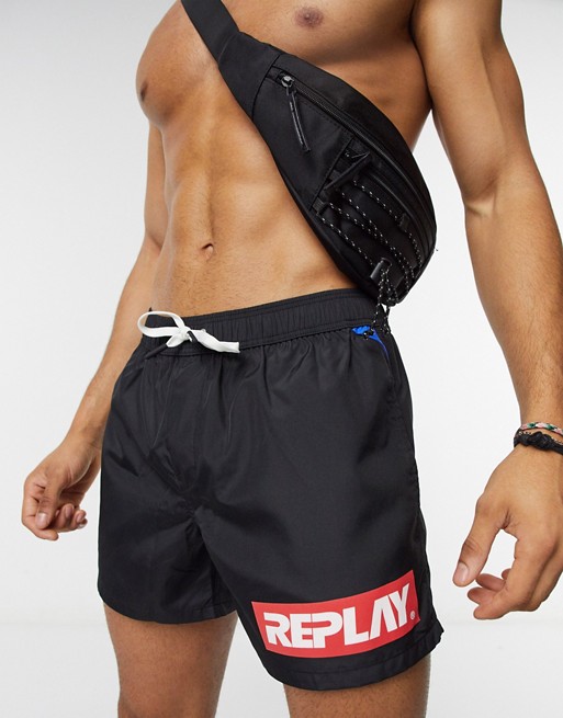 Replay bold logo swim shorts in black | ASOS