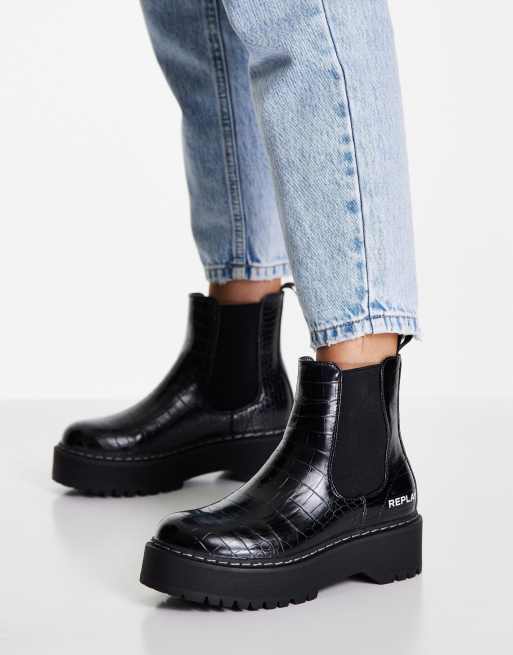 Replay Bottines Chelsea chunky d tail croco Noir