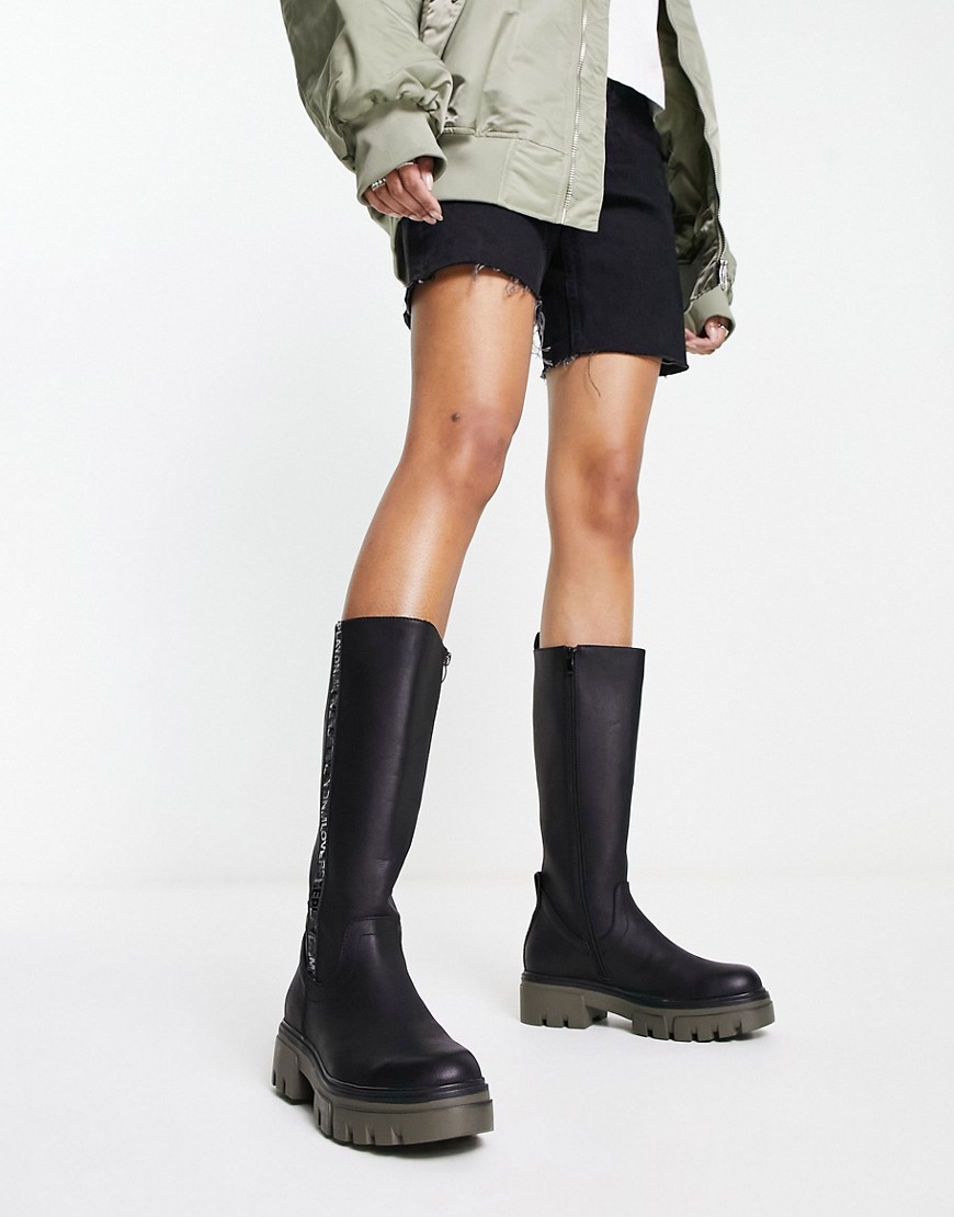 Replay chunky knee high boots in black with khaki sole