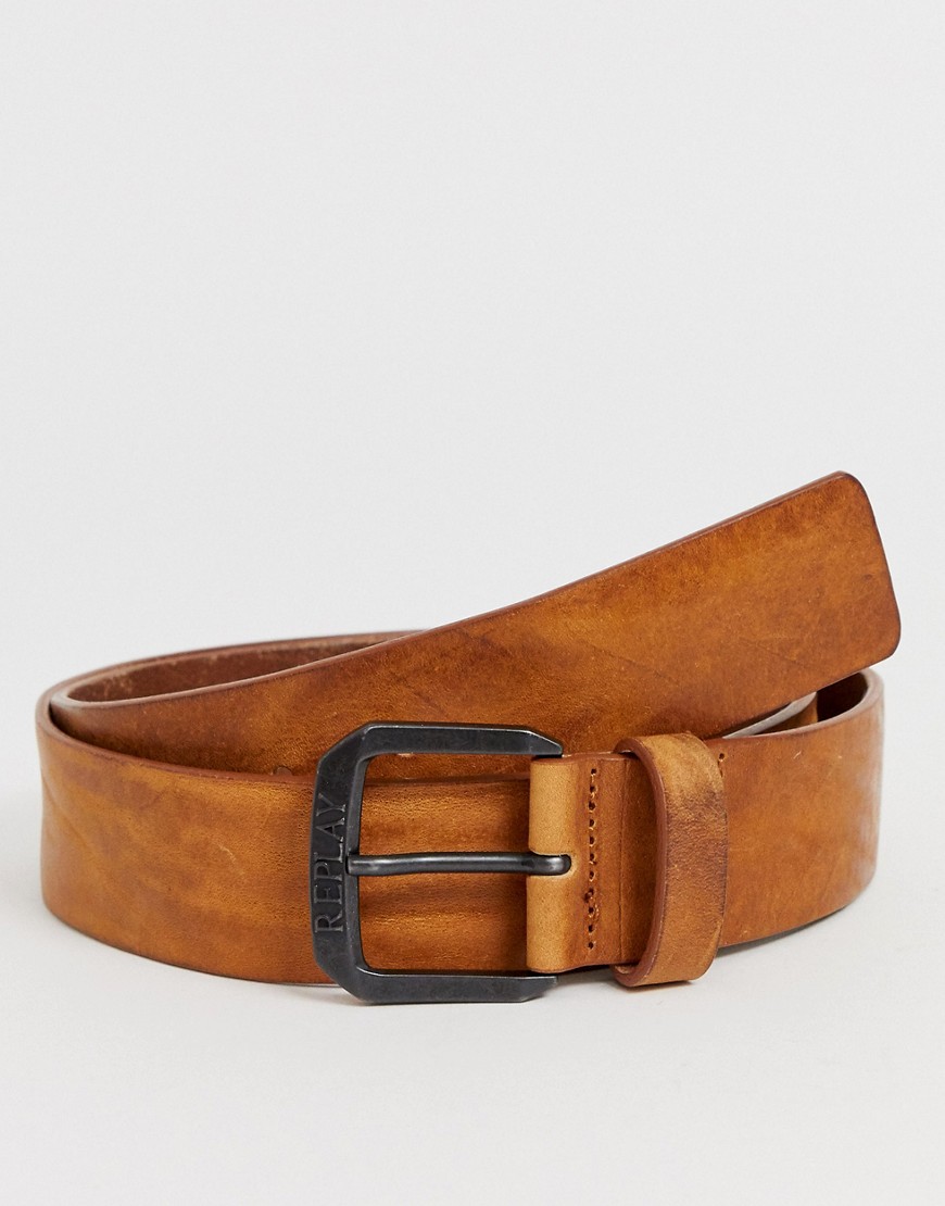 Replay - Cintura vintage in pelle color cuoio-Marrone