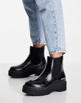 Replay croc detail chunky chelsea boots in black