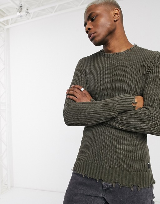 Replay distressed waffle knit jumper in olive
