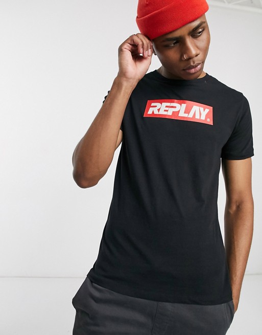 Replay front contrast logo crew neck t-shirt in black