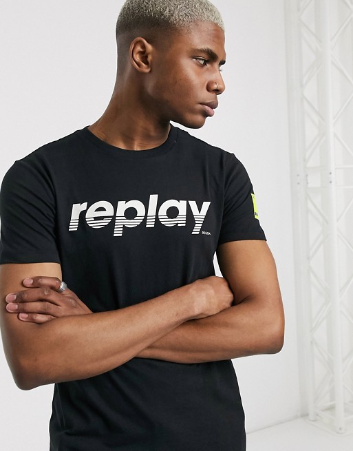 Replay front logo crew neck t-shirt in black