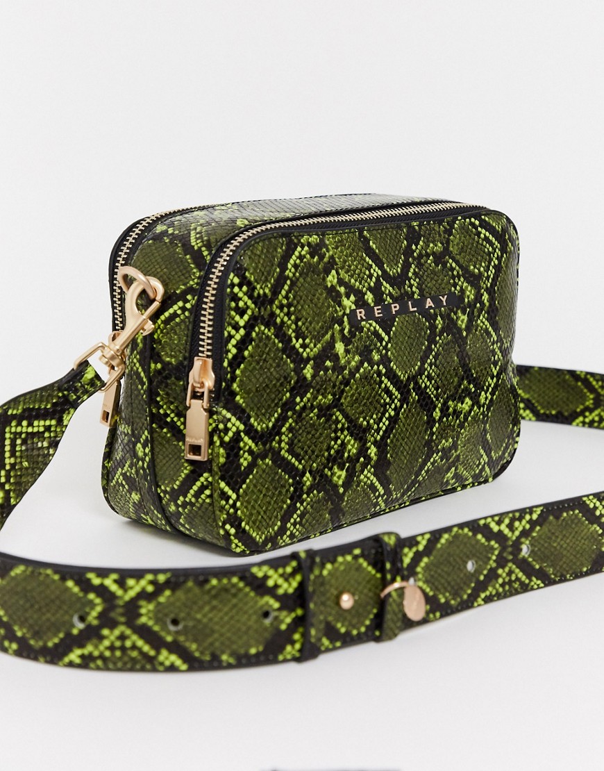 Replay – Grön ormskinnsmönstrad crossboyd-väska