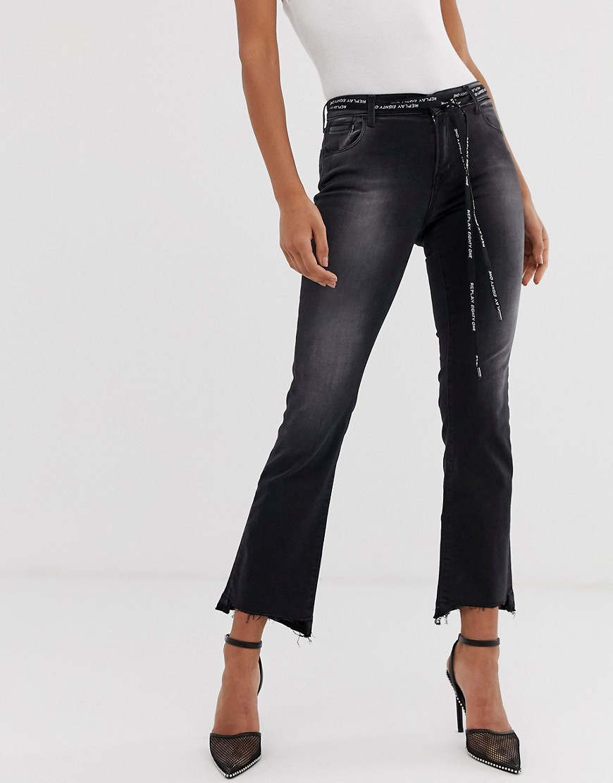 Replay – Höga ankellånga jeans med asymmetrisk fåll och vävt skärp med logga-Blå