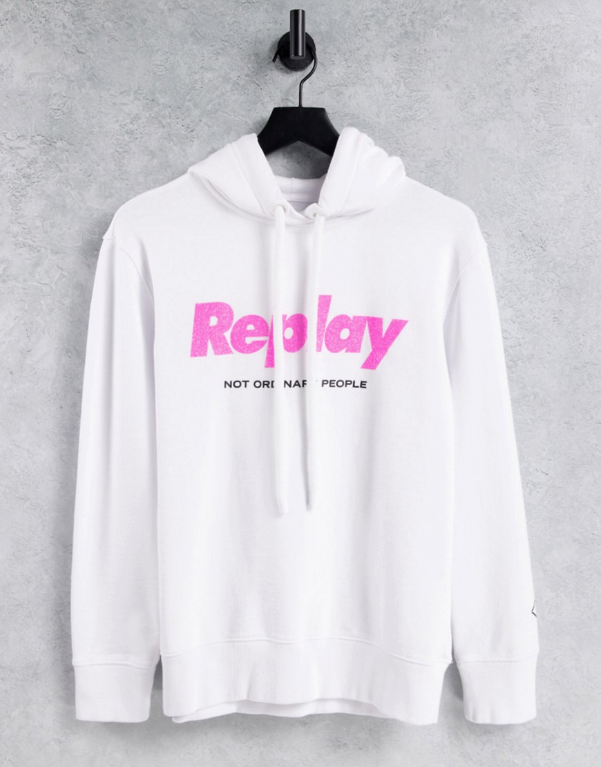 Replay - Hvid sweatshirt med hætte i og neonfarvet logo foran