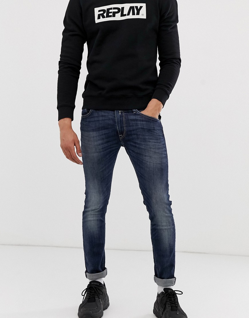 Replay – Jondrill Power – Mörktvättade skinny jeans med extra stretch-Blå