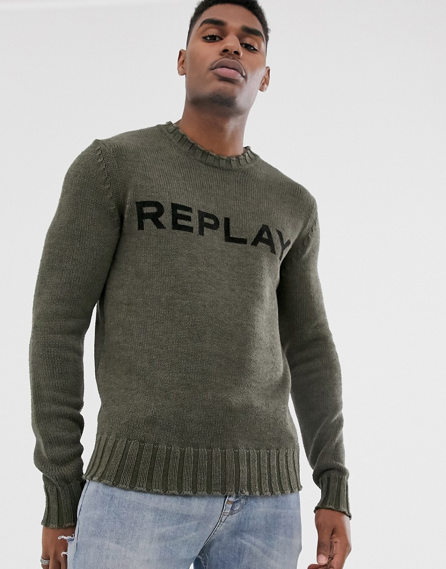 Replay – Khakifärgad tröja med rund halsringning, ribbade detaljer och logga-Grön