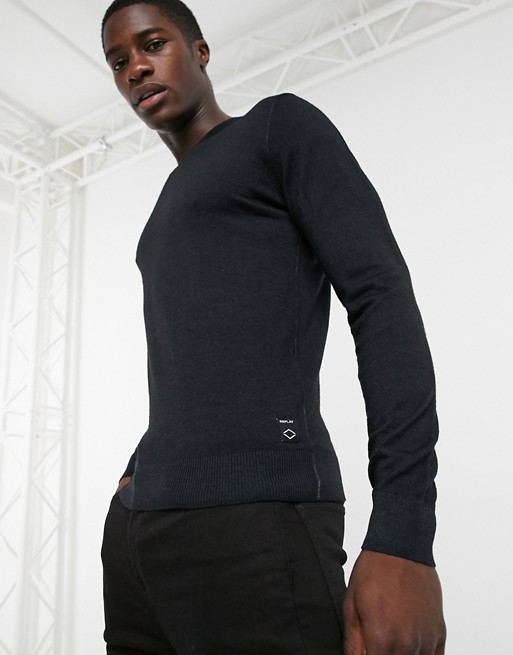 Replay knitted v-neck jumper in black