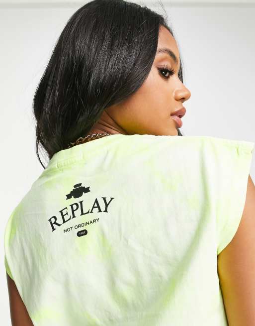 Replay – Kurzärmliges T-Shirt in Neongelb/Weiß mit Saumaufschlag