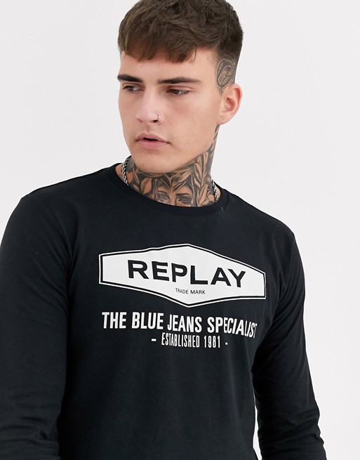 Replay large logo long sleeve top in black